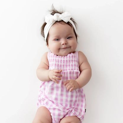 Smocked Bubble Romper in Gingham Thistle
